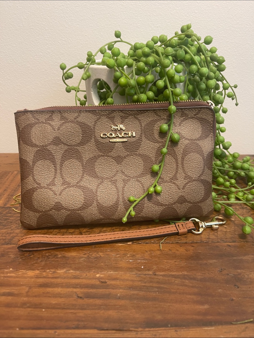 COACH Brown Signature Zip Wristlet with Detachable Strap- AUTHENTIC